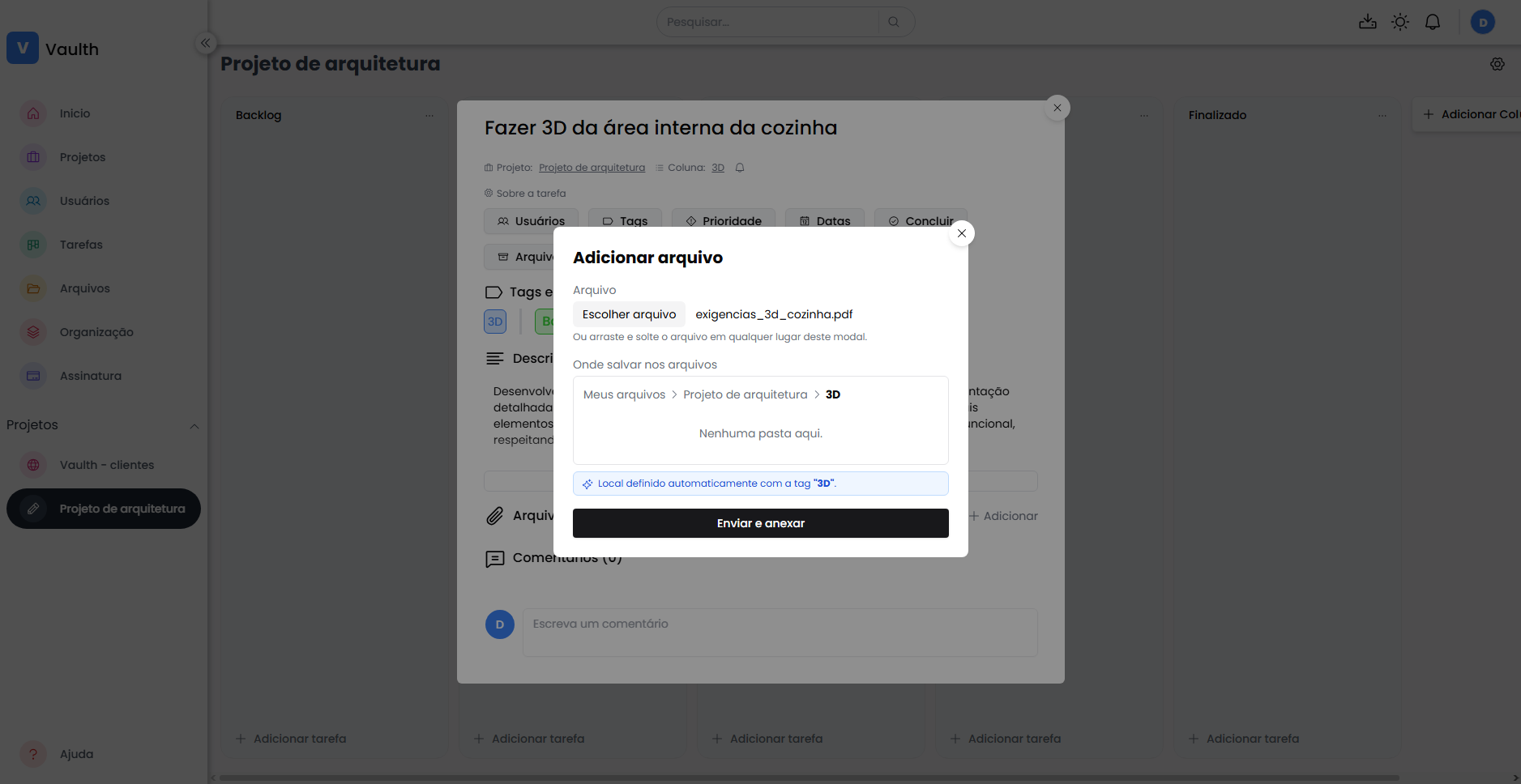 Modal de adicionar arquivo sugerindo a pasta pela tag da tarefa